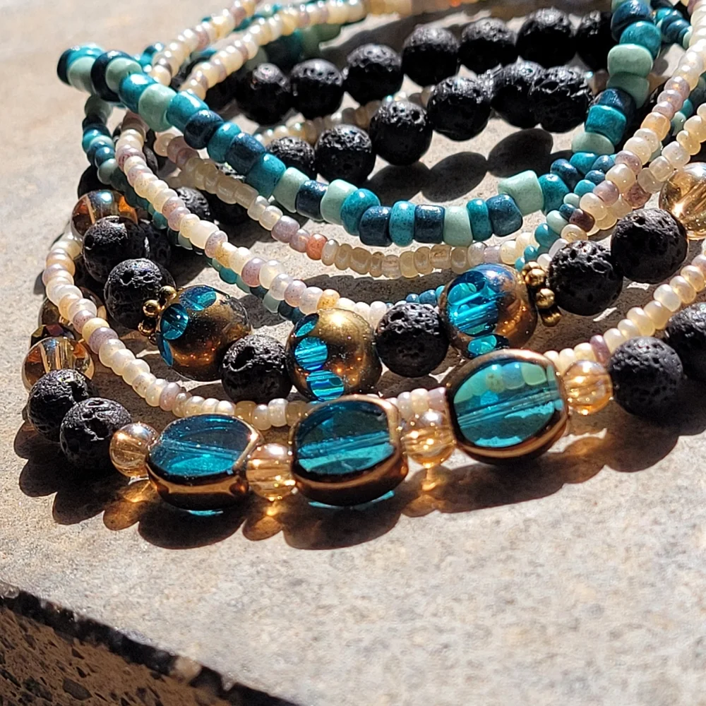×7 Lava & Glass Bead Blue Bracelet Set - Picture 4 of 4